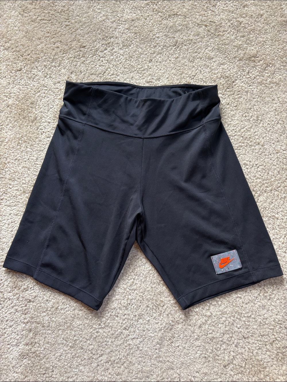Nike Dri Fit High Waisted Women's Black Bike Shorts with Orange Logo Patch